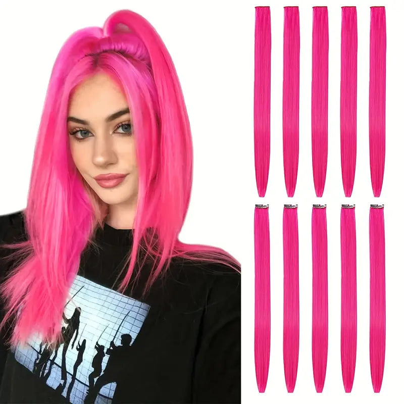 10 pcs Rose Pink Clip-In Hair Extensions for Women - Perfect for Parties, Music Festival and Costumes