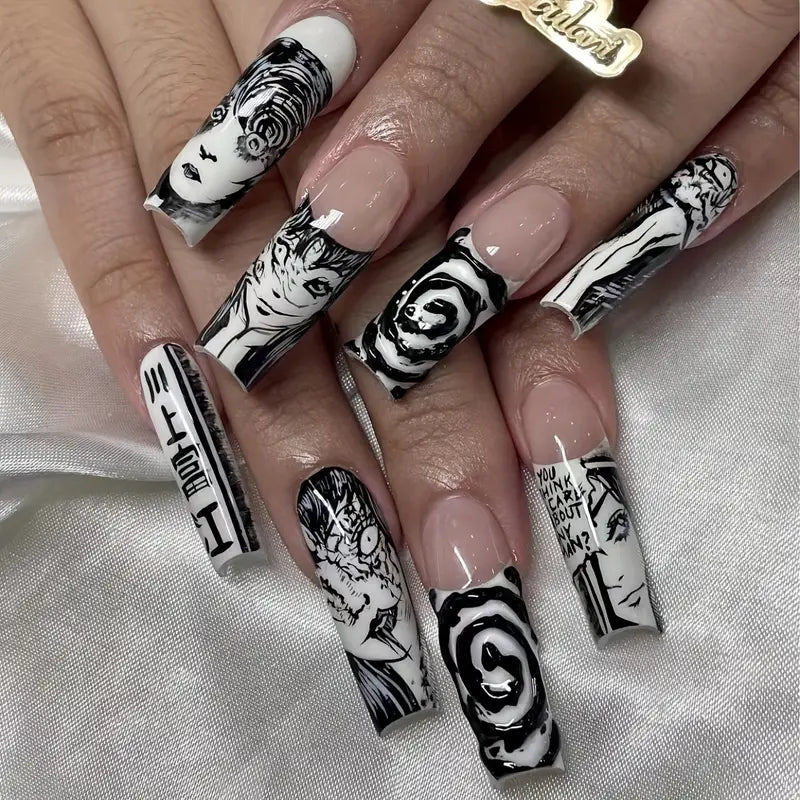 24pcs Spooky Halloween Joker Ghost Nails - Glossy Long Coffin False Nails Press On Nails For Women & Girlsv
