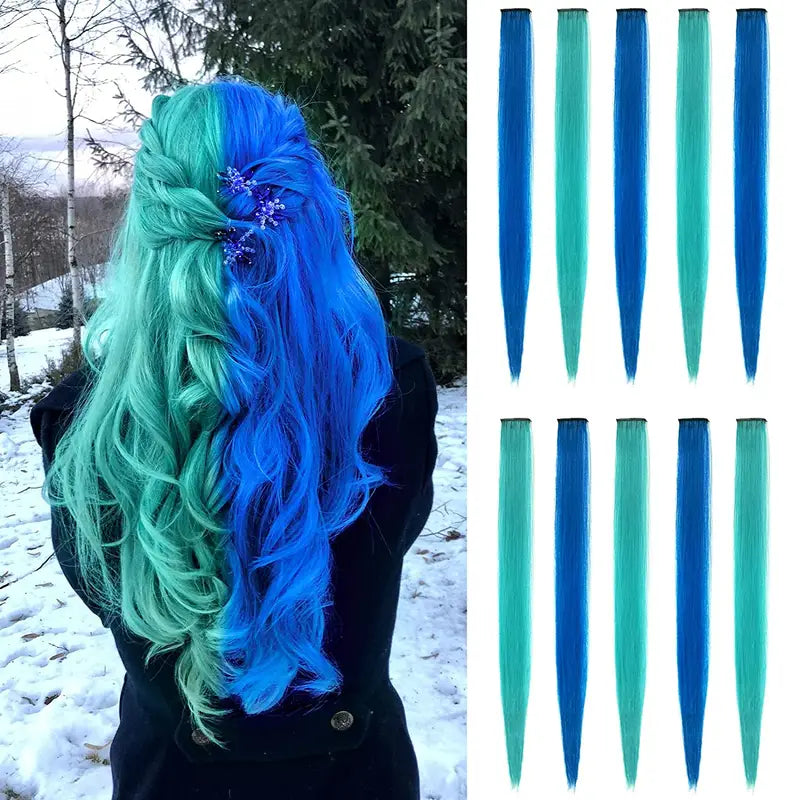 10 pcs Turquoise and Royal Blue Clip-In Hair Extensions for Women - Perfect for Parties, Music Festival and Costumes