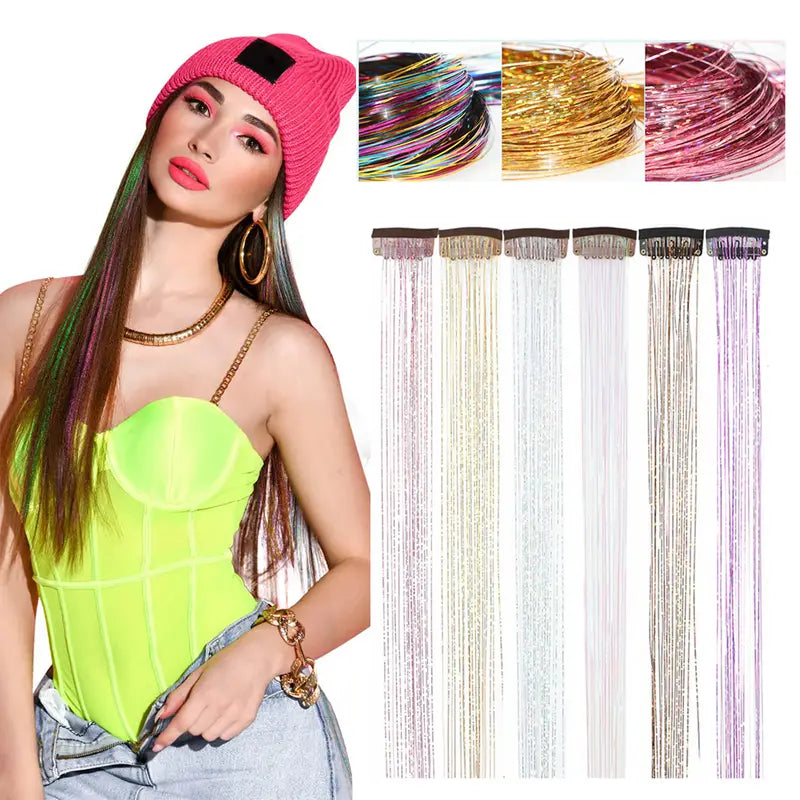 6pcs, 20 Inch Clip-In Hair Tinsel Extensions - Colorful Glitter Strands for Festivals, Parties, and Everyday Wear