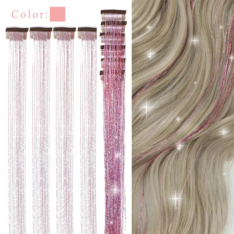 6pcs, 20 Inch Clip-In Hair Tinsel Extensions - Colorful Glitter Strands for Festivals, Parties, and Everyday Wear