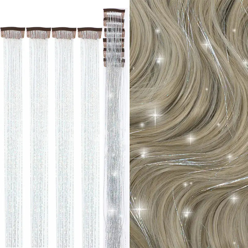 6pcs, 20 Inch Clip-In Hair Tinsel Extensions - Colorful Glitter Strands for Festivals, Parties, and Everyday Wear