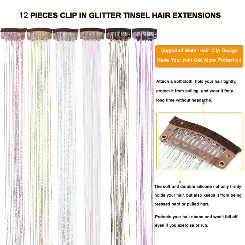 6pcs, 20 Inch Clip-In Hair Tinsel Extensions - Colorful Glitter Strands for Festivals, Parties, and Everyday Wear
