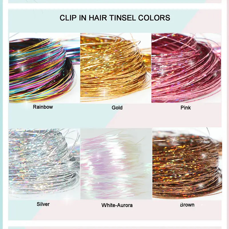 6pcs, 20 Inch Clip-In Hair Tinsel Extensions - Colorful Glitter Strands for Festivals, Parties, and Everyday Wear