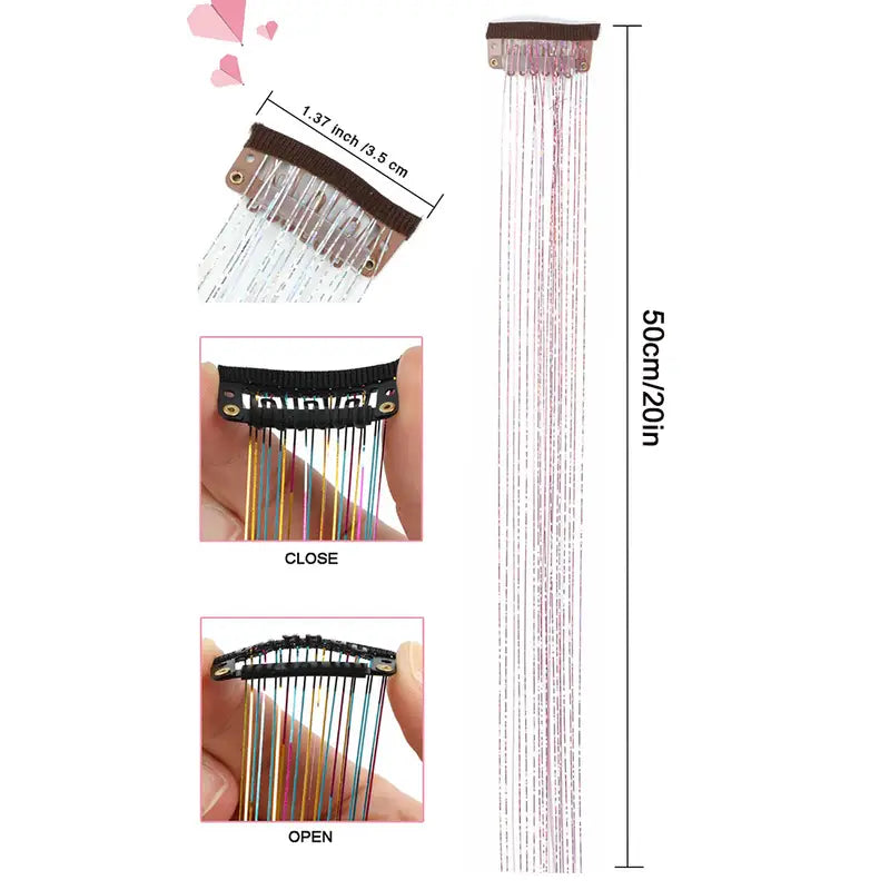 6pcs, 20 Inch Clip-In Hair Tinsel Extensions - Colorful Glitter Strands for Festivals, Parties, and Everyday Wear