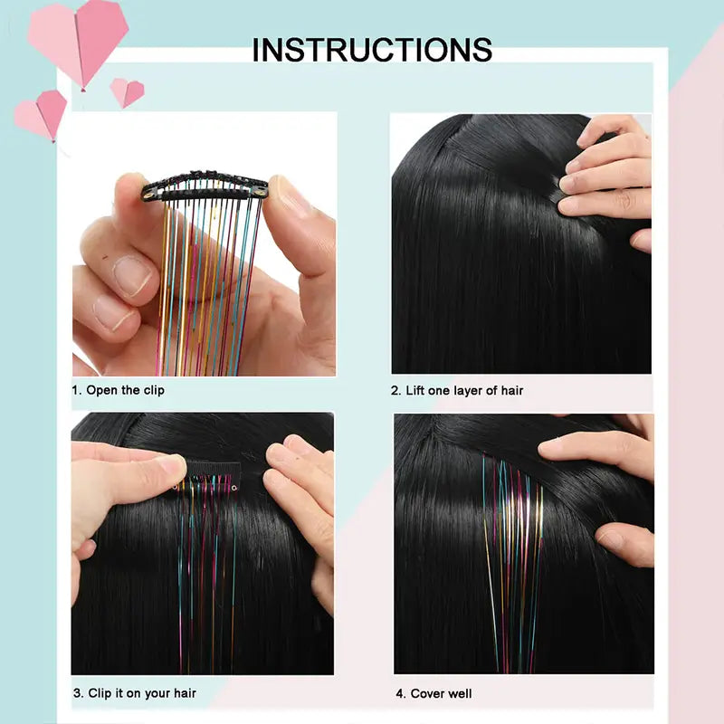 6pcs, 20 Inch Clip-In Hair Tinsel Extensions - Colorful Glitter Strands for Festivals, Parties, and Everyday Wear