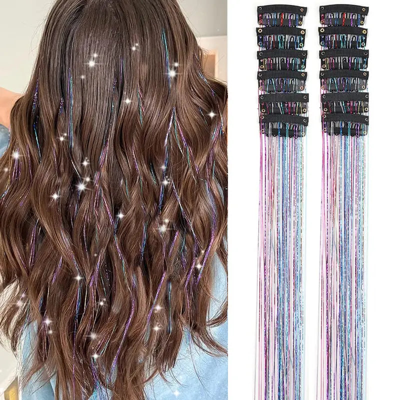 6pcs, 20 Inch Clip-In Hair Tinsel Extensions - Colorful Glitter Strands for Festivals, Parties, and Everyday Wear