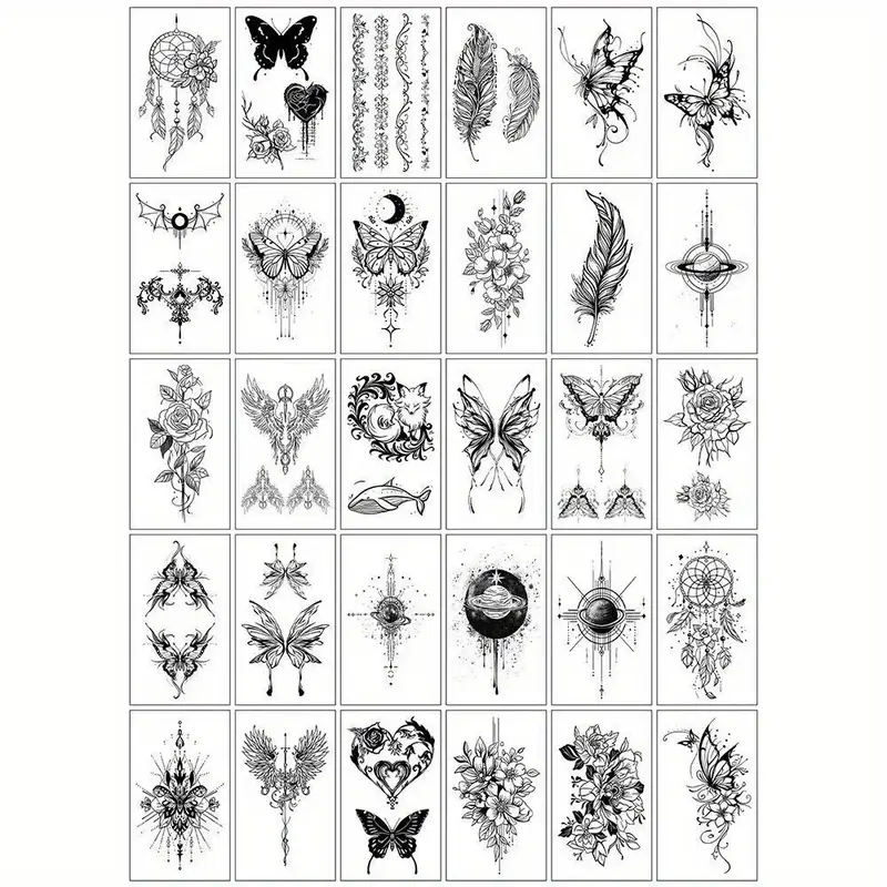 30pcs Beautiful Black Line Painted Butterfly Flower Temporary Tattoos - Perfect For Women