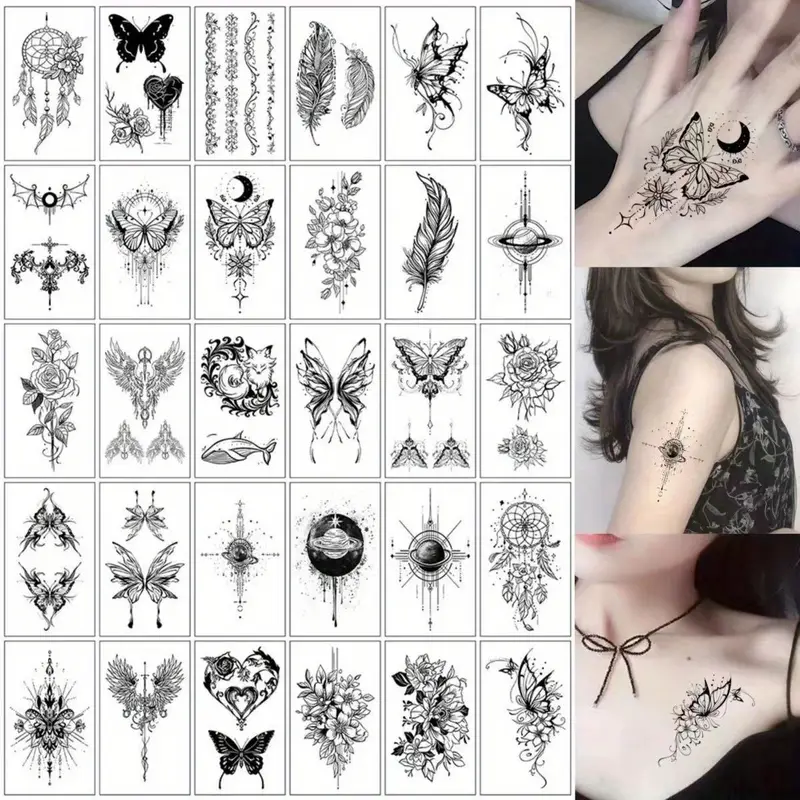 30pcs Beautiful Black Line Painted Butterfly Flower Temporary Tattoos - Perfect For Women