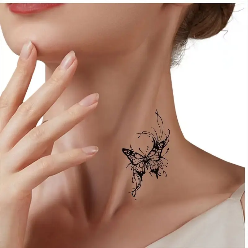 30pcs Beautiful Black Line Painted Butterfly Flower Temporary Tattoos - Perfect For Women