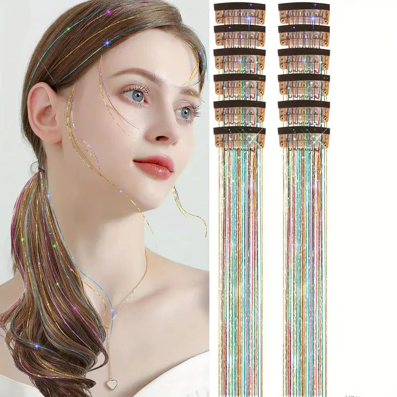 6pcs, 20 Inch Clip-In Hair Tinsel Extensions - Colorful Glitter Strands for Festivals, Parties, and Everyday Wear