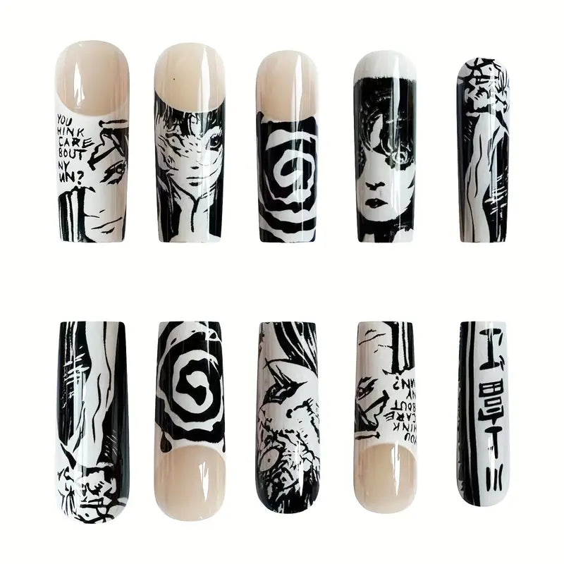 24pcs Spooky Halloween Joker Ghost Nails - Glossy Long Coffin False Nails Press On Nails For Women & Girlsv