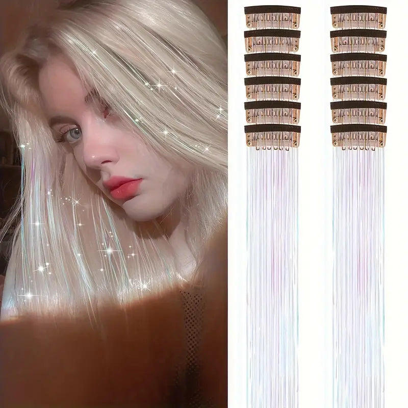 6pcs, 20 Inch Clip-In Hair Tinsel Extensions - Colorful Glitter Strands for Festivals, Parties, and Everyday Wear