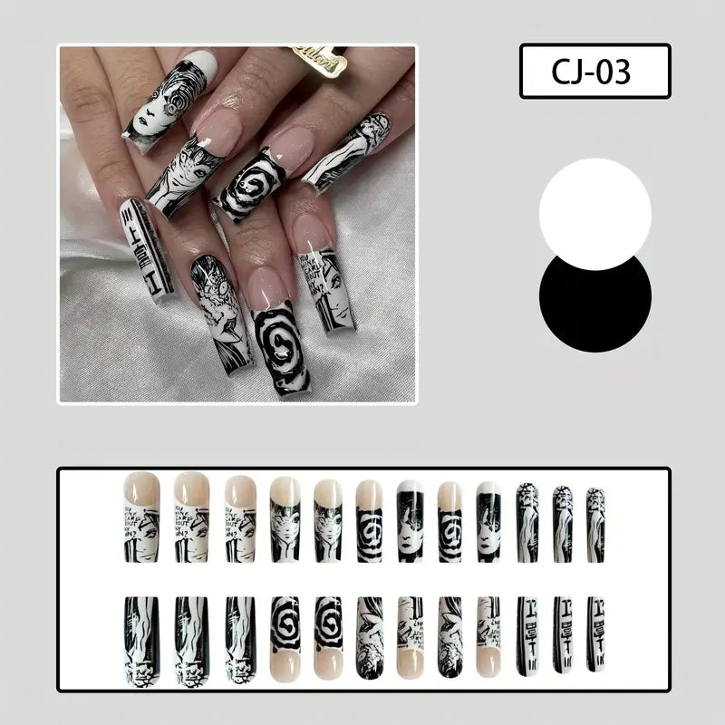 24pcs Spooky Halloween Joker Ghost Nails - Glossy Long Coffin False Nails Press On Nails For Women & Girlsv