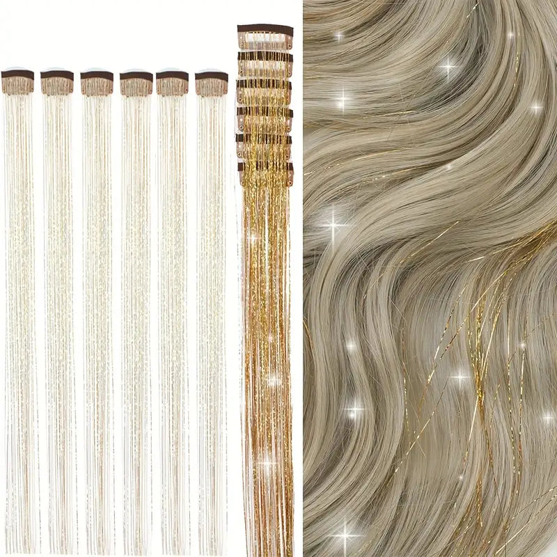 6pcs, 20 Inch Clip-In Hair Tinsel Extensions - Colorful Glitter Strands for Festivals, Parties, and Everyday Wear