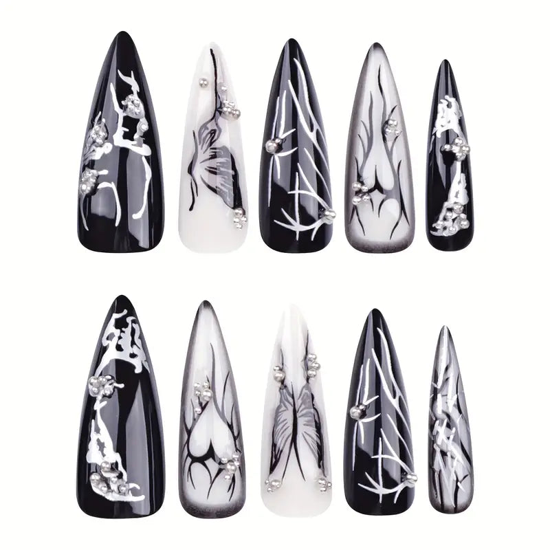 Mixed Color System Gothic Long Drop Shape Press-on Nails with Aura and Holiday Elements, Strobe Finish - Butterfly and Heart Design, European and American Style Fake Nails Set
