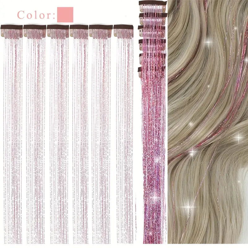 6pcs, 20 Inch Clip-In Hair Tinsel Extensions - Colorful Glitter Strands for Festivals, Parties, and Everyday Wear
