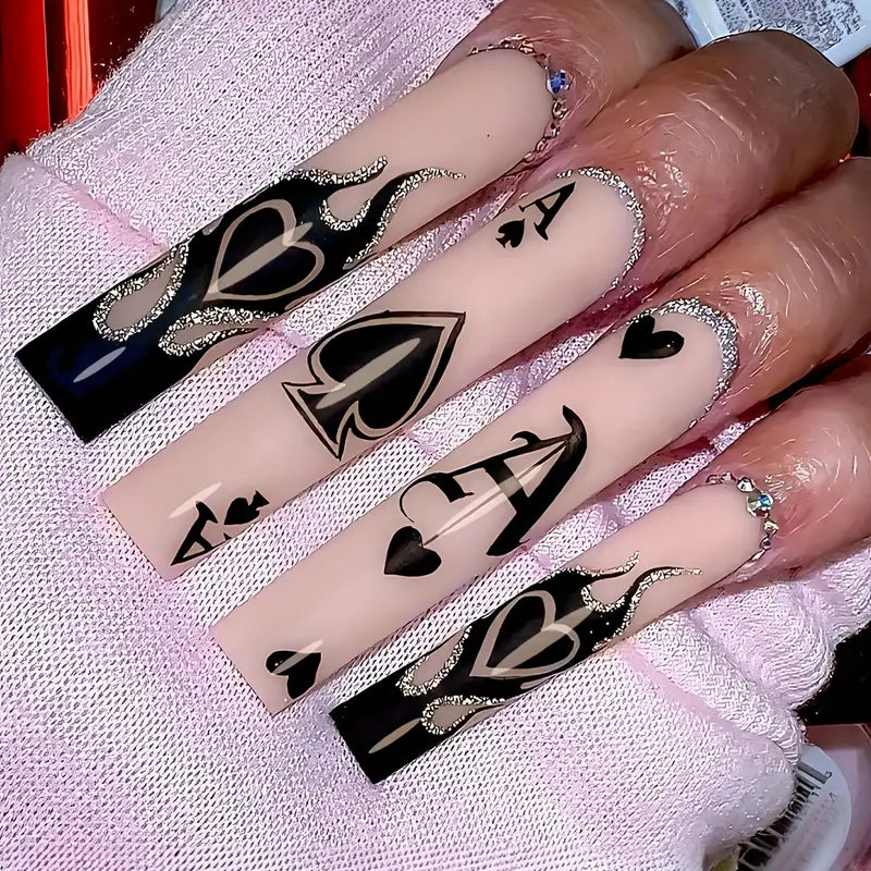 24pcs Extra Long Square Fake Nails, Nude Press On Nails With Black Heart, Flame And Rhinestone Design, Sweet Cool Y2K False Nails For Women Girls