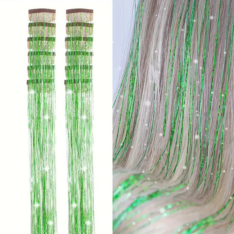 6pcs, 20 Inch Clip-In Hair Tinsel Extensions - Colorful Glitter Strands for Festivals, Parties, and Everyday Wear