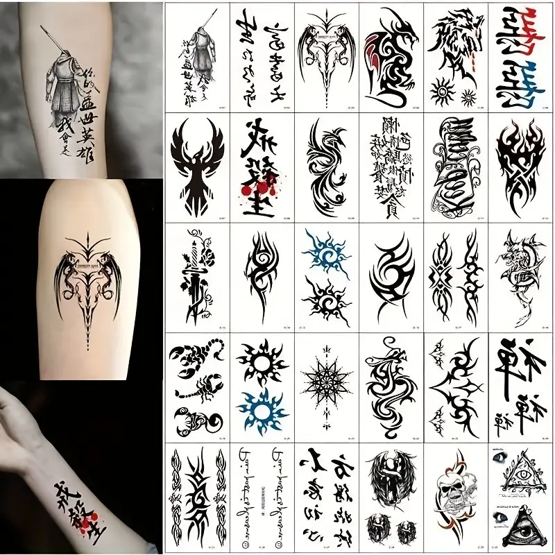 30 Sheet Tattoo Sticker, Waterproof Long Lasting Realistic Temporary Tattoo, Chinese Character Abstract Pattern, Arm Leg Back Fake Tattoo Suitable For Adults