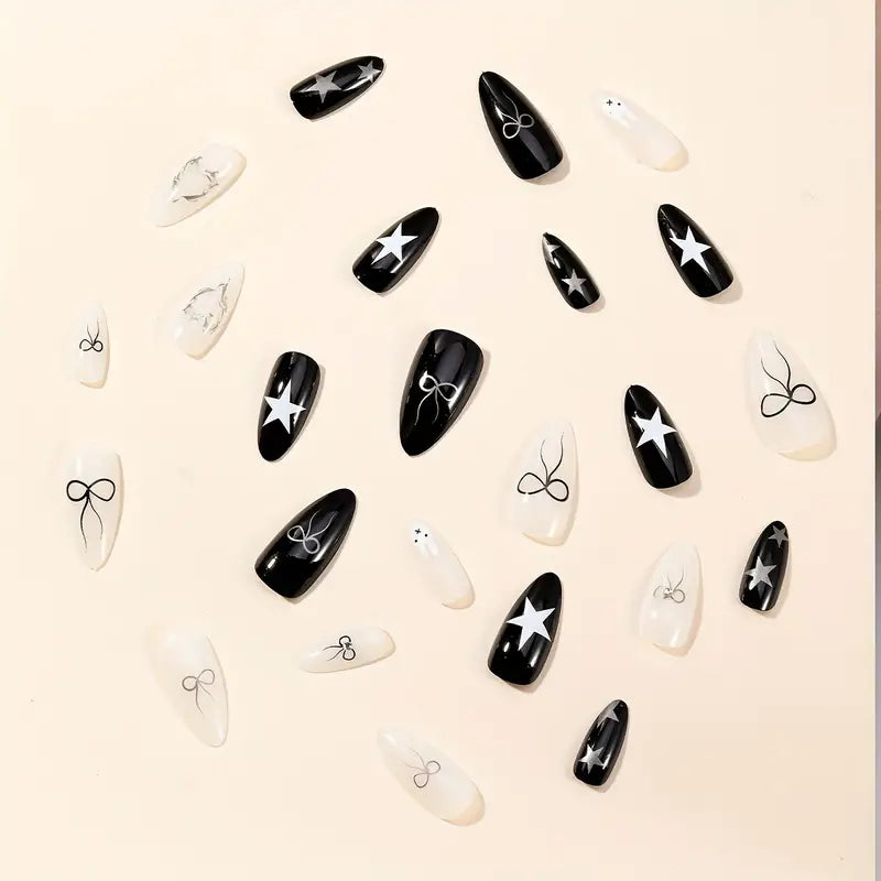 24Pcs Medium Almond Nails Black And White Irregular Silver Star Easter Rabbit Print Design Gloss Full Covered Acrylic Fake Nails For Women And Girls
