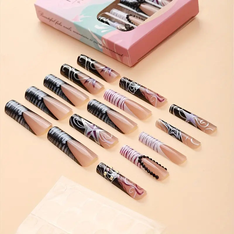 24pcs Extra Long Coffin False Nails, Gothic Geometric Stripe & 3D Rhinestone Accents, Black Edges, Butterfly Bow, Star Design, Jelly Glue & Nail File Included, Perfect For Parties