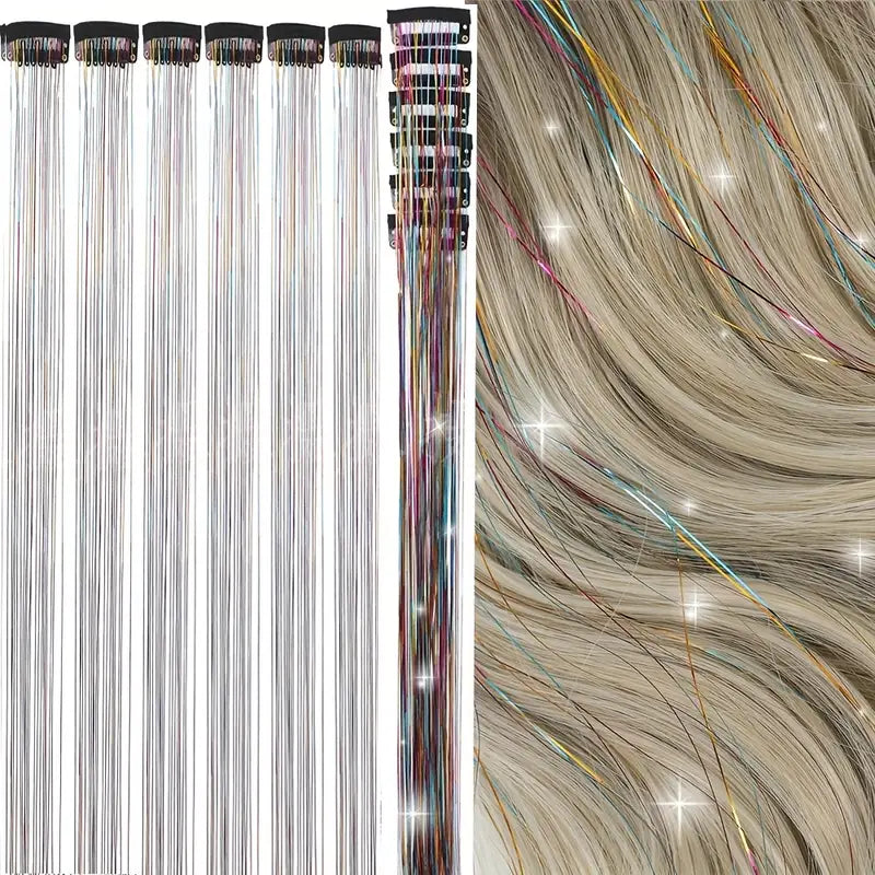 6pcs, 20 Inch Clip-In Hair Tinsel Extensions - Colorful Glitter Strands for Festivals, Parties, and Everyday Wear