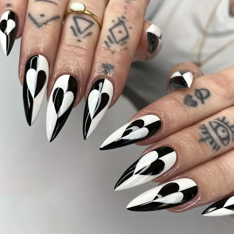 24pcs Black & White Heart French Tip Press-On Nails Set - Glossy Long Almond Shape, Perfect for Sparkling Holiday Manicures