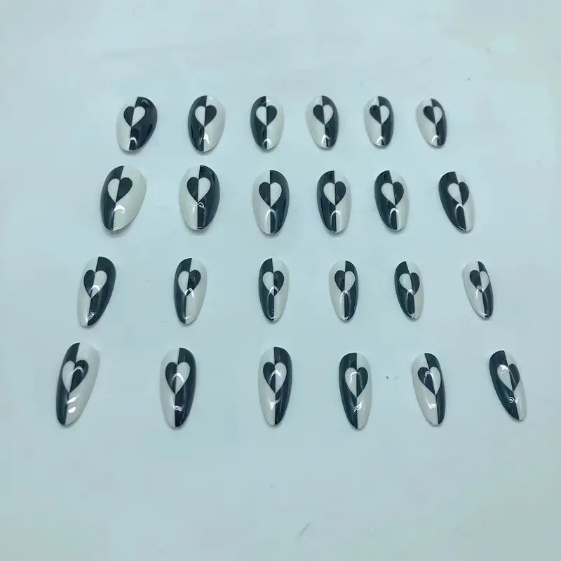 24pcs Black & White Heart French Tip Press-On Nails Set - Glossy Long Almond Shape, Perfect for Sparkling Holiday Manicures