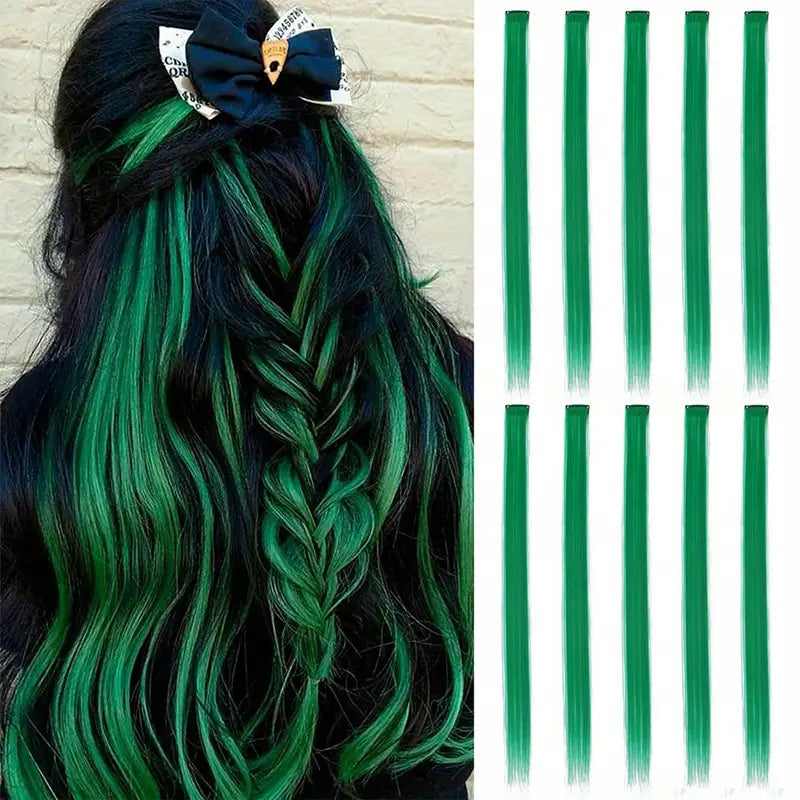 10 pcs Green Clip-In Hair Extensions for Women - Perfect for Parties, Music Festival and Costumes