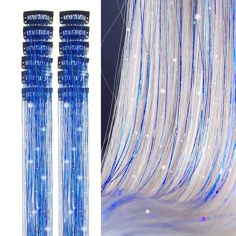 6pcs, 20 Inch Clip-In Hair Tinsel Extensions - Colorful Glitter Strands for Festivals, Parties, and Everyday Wear
