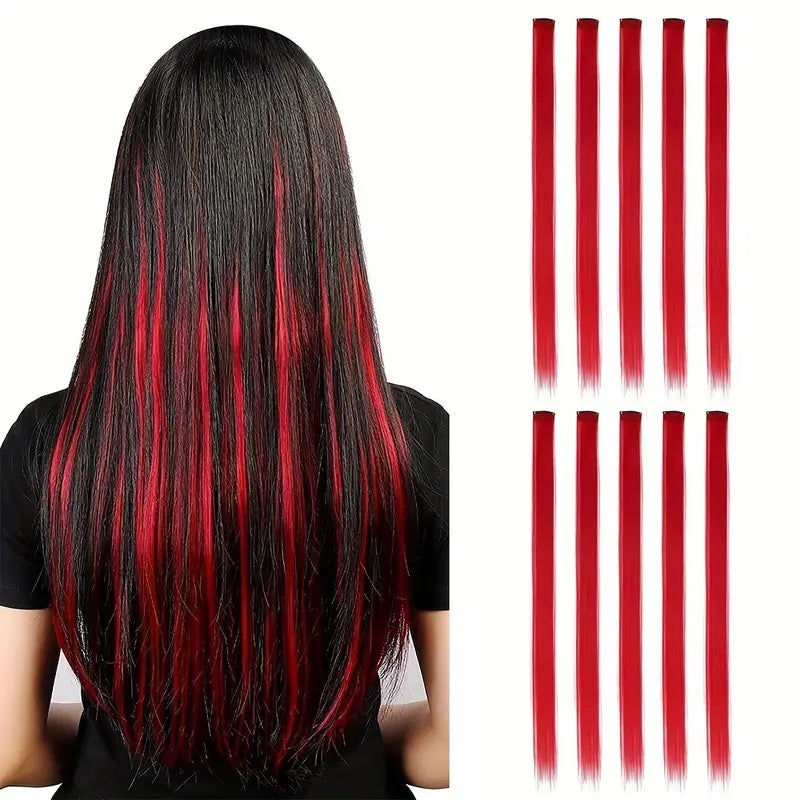 10 pcs Red Colorful Clip-In Hair Extensions for Women - Perfect for Parties, Music Festival and Costumes