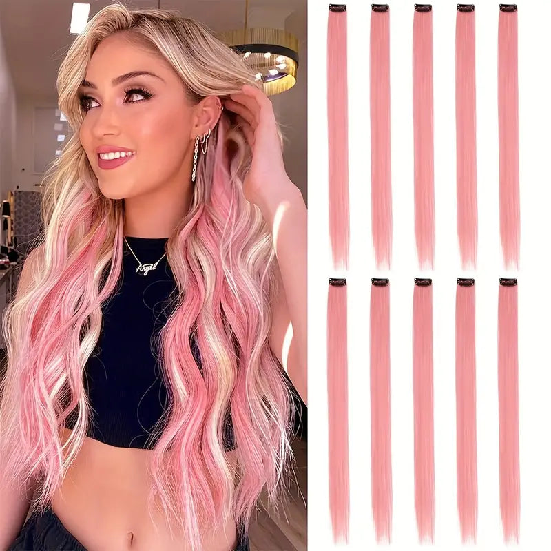 10 pcs Red Colorful Clip-In Hair Extensions for Women - Perfect for Parties, Music Festival and Costumes