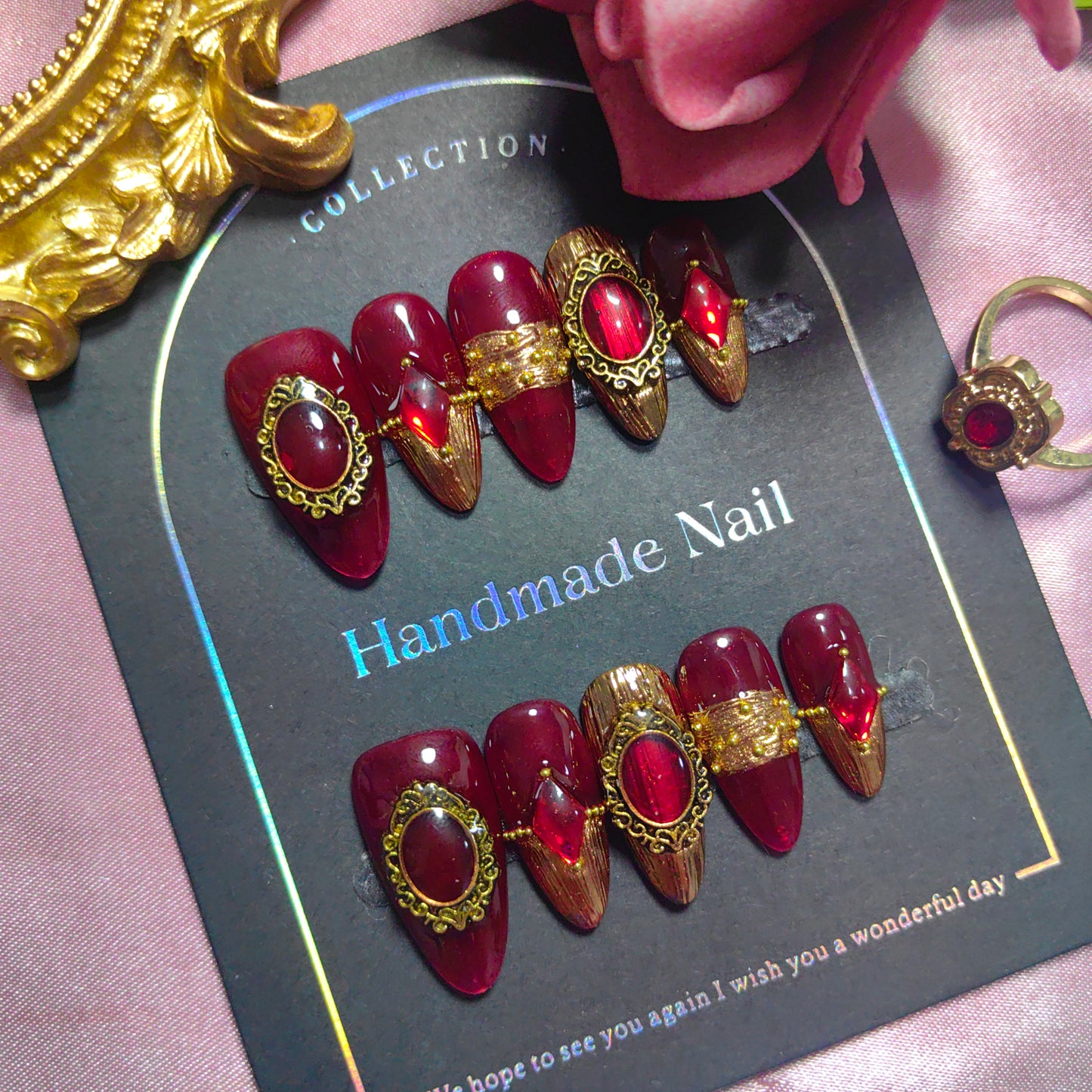 Gorgeous Red Gemstone Handmade Press on Nails