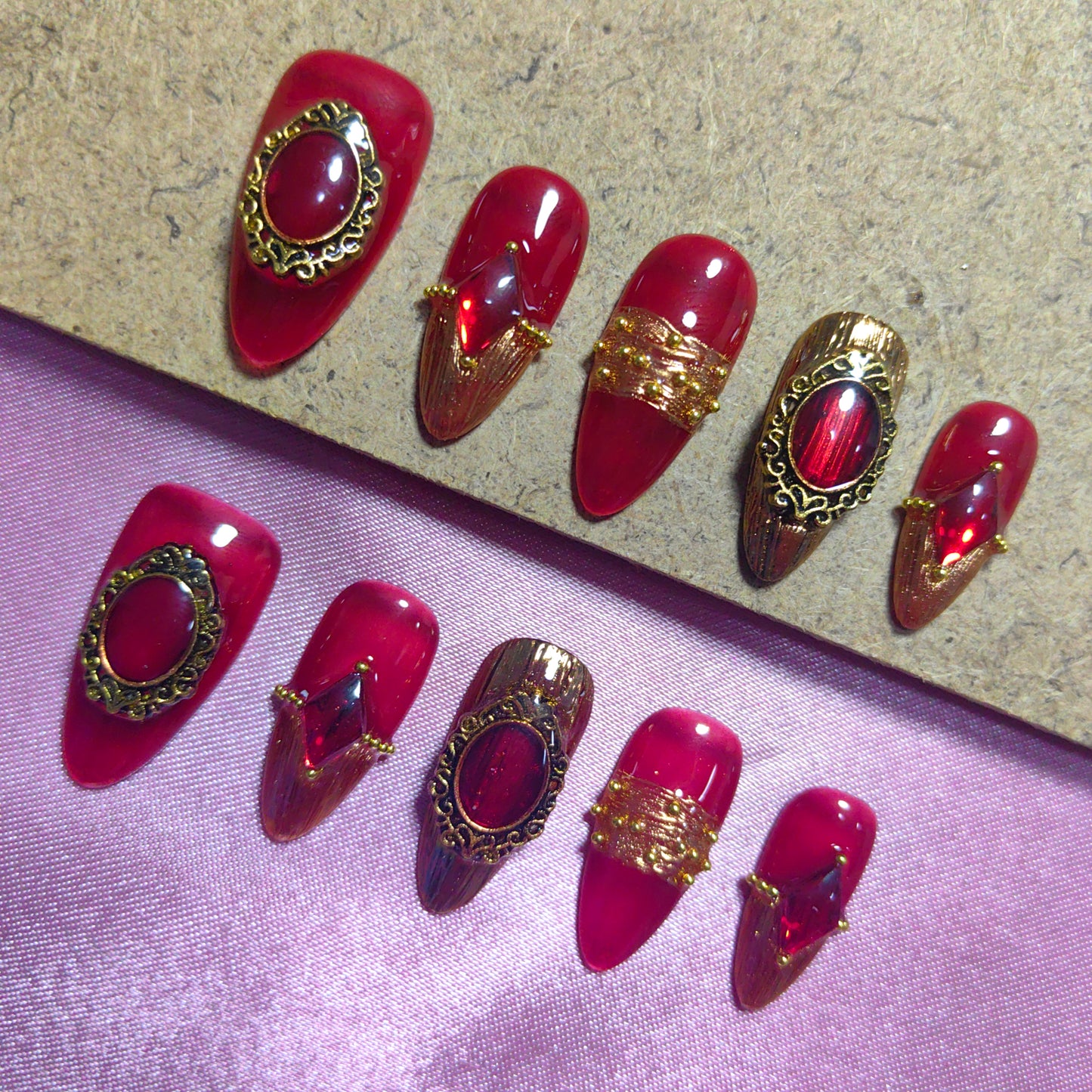 Gorgeous Red Gemstone Handmade Press on Nails