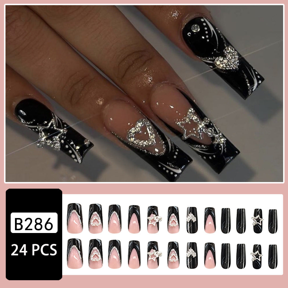 24pcs Long Square Fake Nails, Glossy Black French Tip Press On Nails With HearStar Rhinestone Design, Sweet Cool Full Cover False Nails For Women Girls