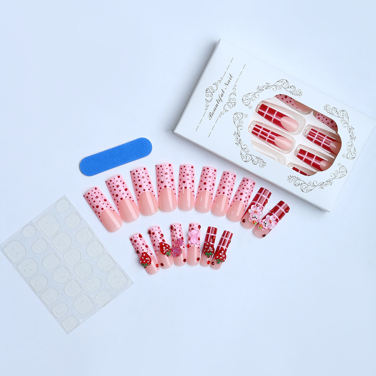 24pcs Long Square Wearable Nail Set, Spring/Summer 3D Milky Strawberry & Bear Design With Polka Dots & Stripes, Red Velvet Rose Accent, Includes 1 Jelly Glue & 1 Nail File