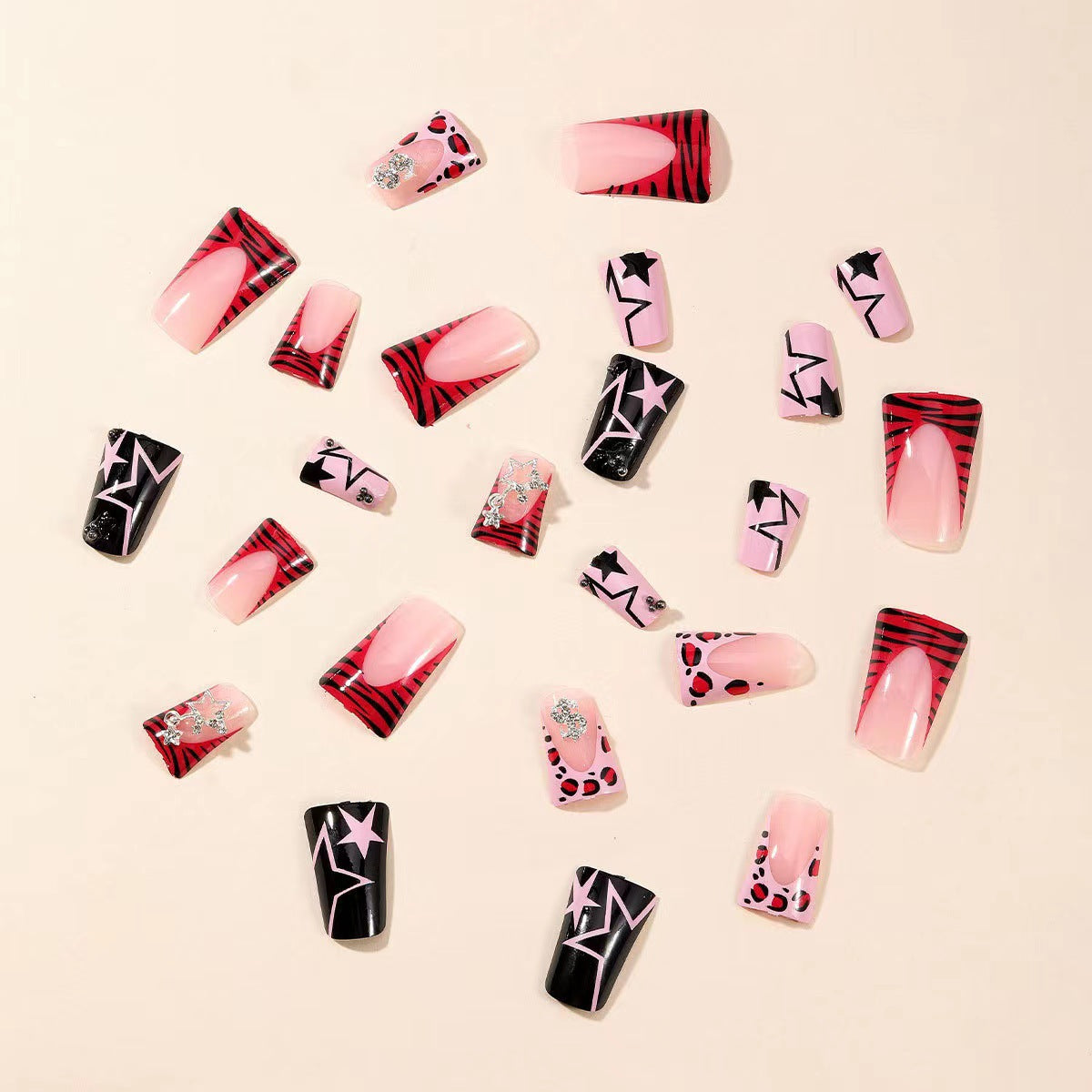 24Pcs Medium Square Duckbill Press-On Nails with Leopard Print, French Tip & Pendant Stars - Glossy Full Coverage Acrylic Fake Nails Set for Women and Girls - Mixed Color System with Middle Length