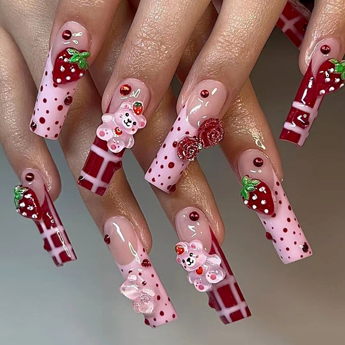 24pcs Long Square Wearable Nail Set, Spring/Summer 3D Milky Strawberry & Bear Design With Polka Dots & Stripes, Red Velvet Rose Accent, Includes 1 Jelly Glue & 1 Nail File