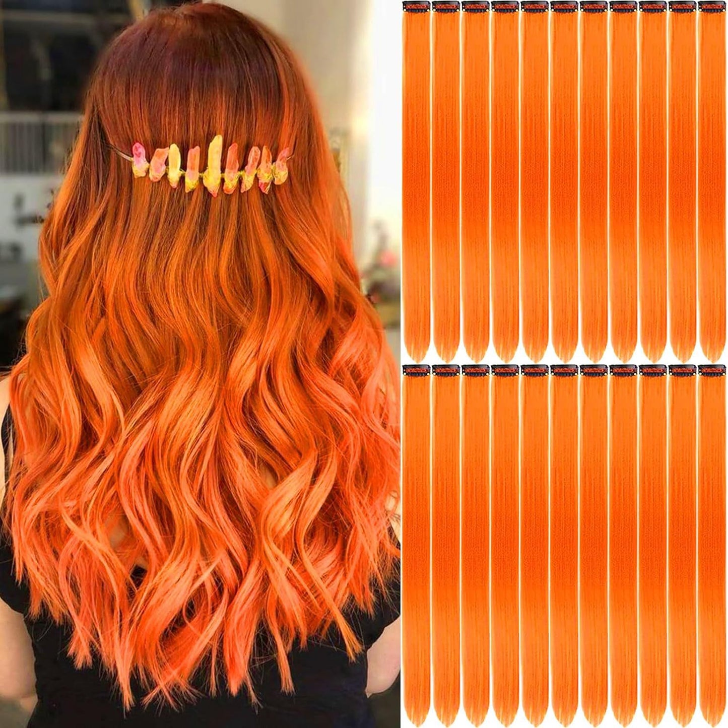 10 pcs Orange Clip-In Hair Extensions for Women - Perfect for Parties, Music Festival and Costumes