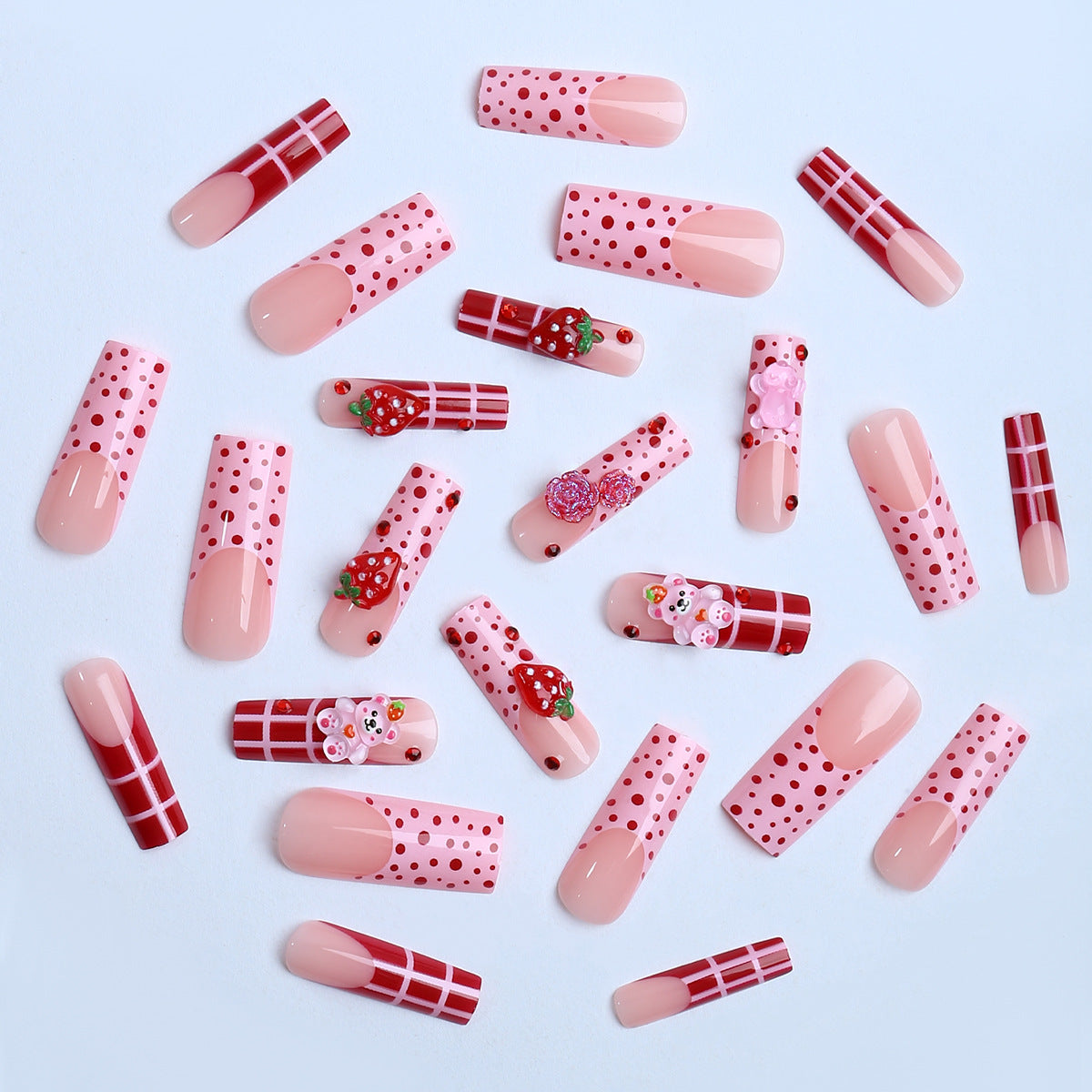 24pcs Long Square Wearable Nail Set, Spring/Summer 3D Milky Strawberry & Bear Design With Polka Dots & Stripes, Red Velvet Rose Accent, Includes 1 Jelly Glue & 1 Nail File