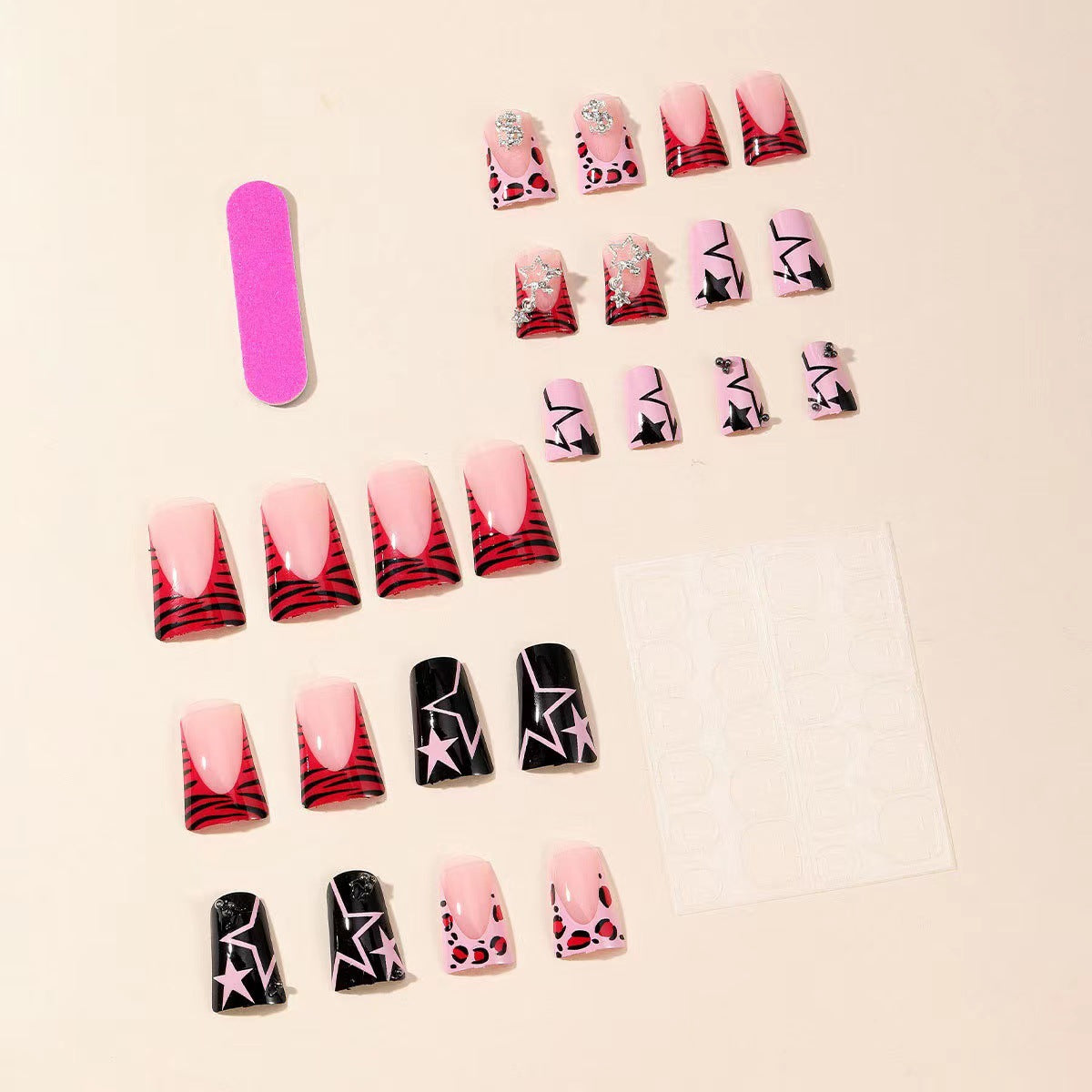 24Pcs Medium Square Duckbill Press-On Nails with Leopard Print, French Tip & Pendant Stars - Glossy Full Coverage Acrylic Fake Nails Set for Women and Girls - Mixed Color System with Middle Length