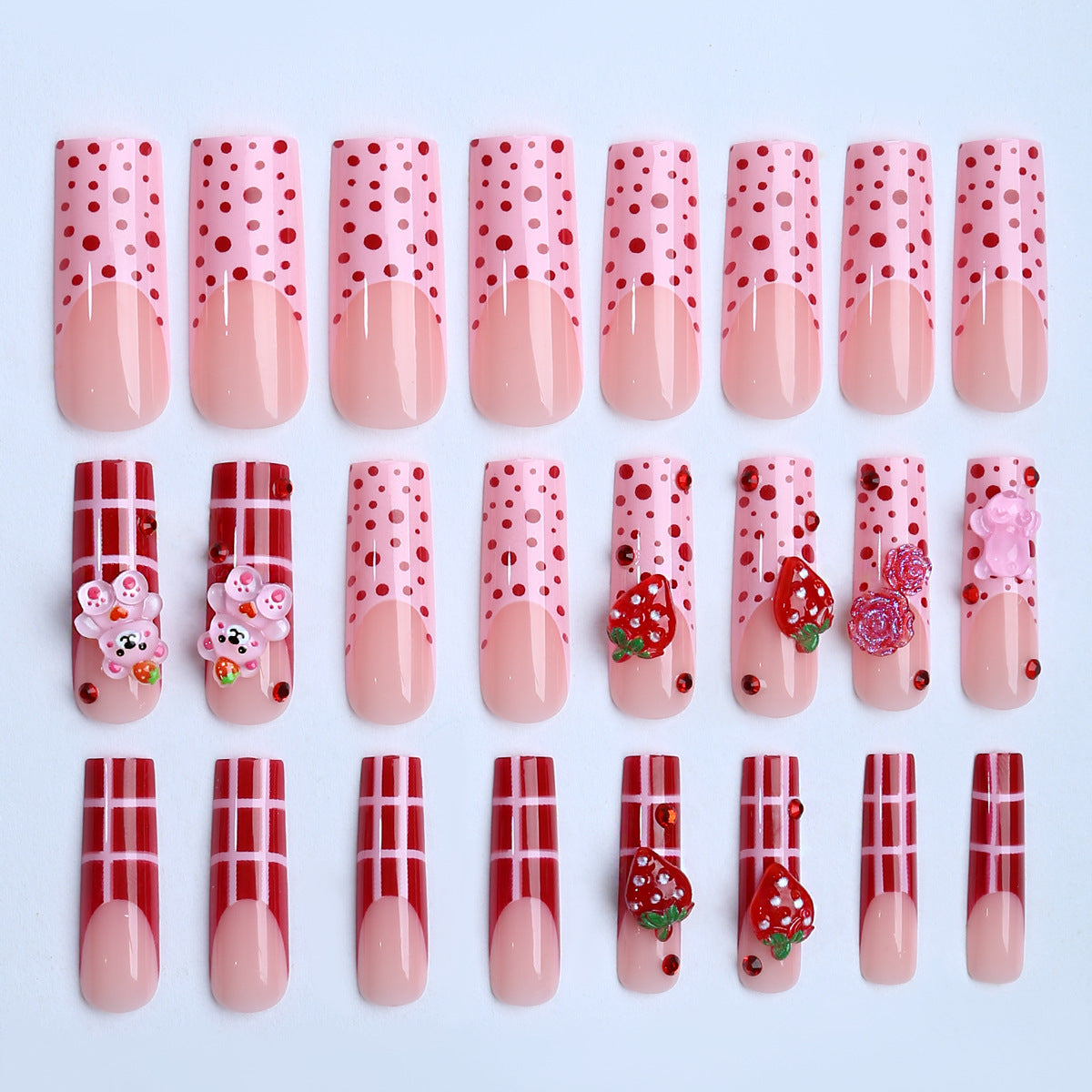 24pcs Long Square Wearable Nail Set, Spring/Summer 3D Milky Strawberry & Bear Design With Polka Dots & Stripes, Red Velvet Rose Accent, Includes 1 Jelly Glue & 1 Nail File