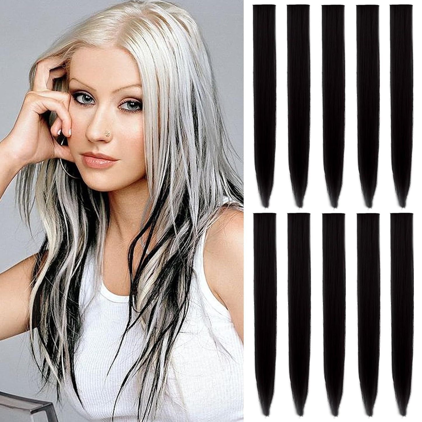 10 pcs Black Colorful Clip-In Hair Extensions for Women - Perfect for Parties, Music Festival and Costumes