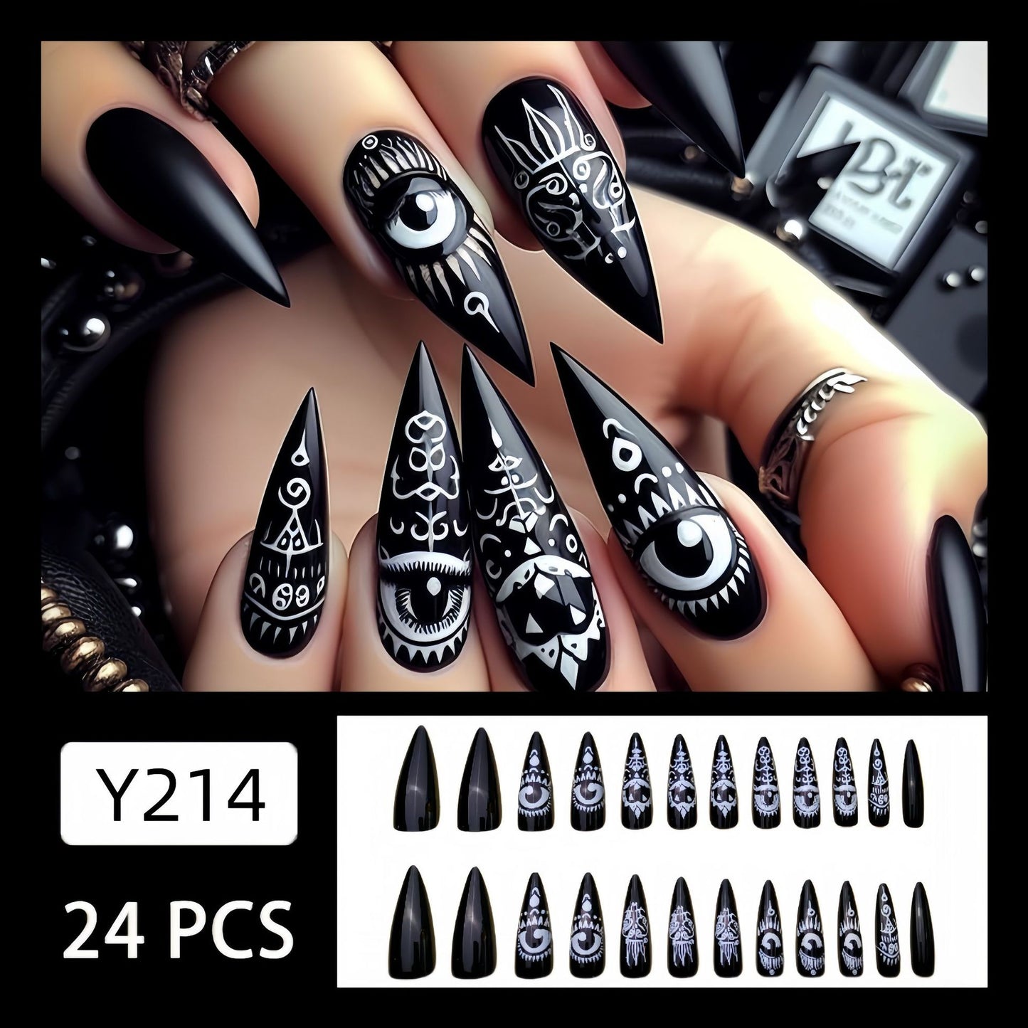 24pcs Long Almond Shape Press-On Nails, Black Glossy Finish With Eye Totem Design, Removable Fake Nail Set For Hands & Feet Care - Perfect Festival Gift