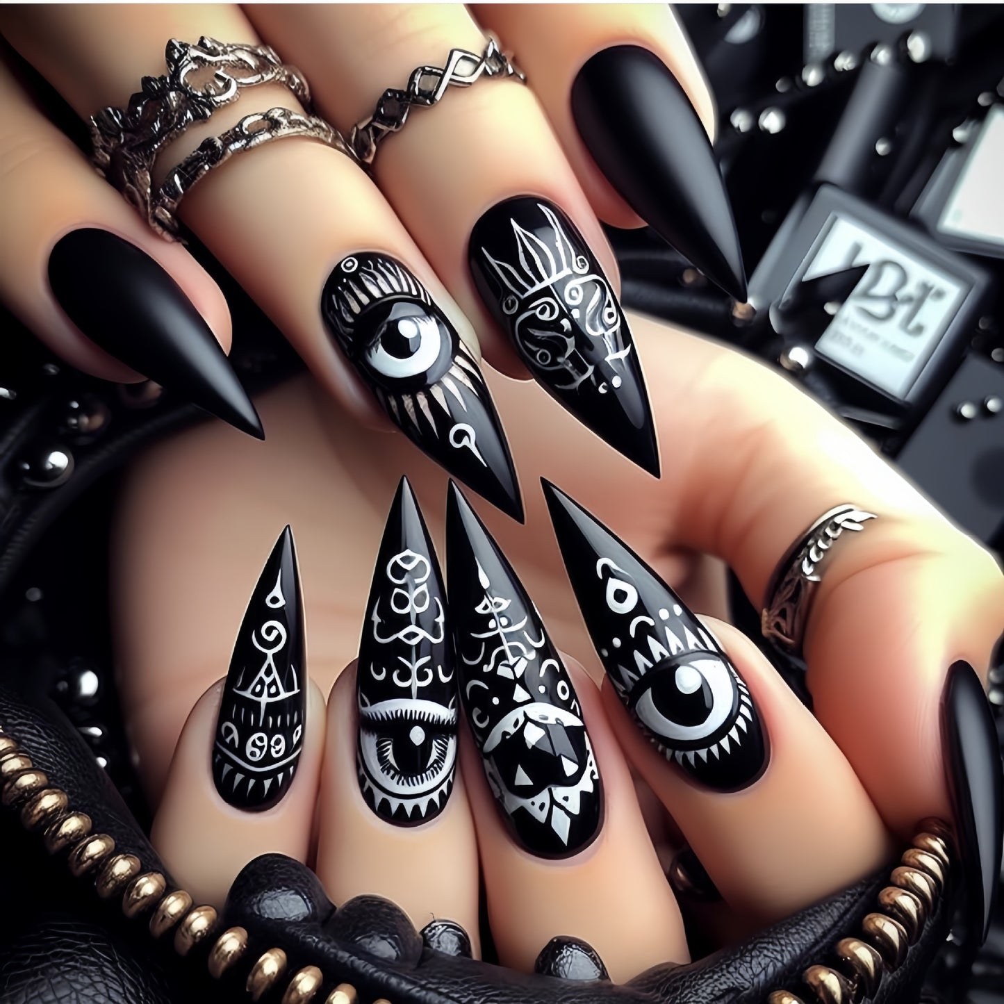 24pcs Long Almond Shape Press-On Nails, Black Glossy Finish With Eye Totem Design, Removable Fake Nail Set For Hands & Feet Care - Perfect Festival Gift