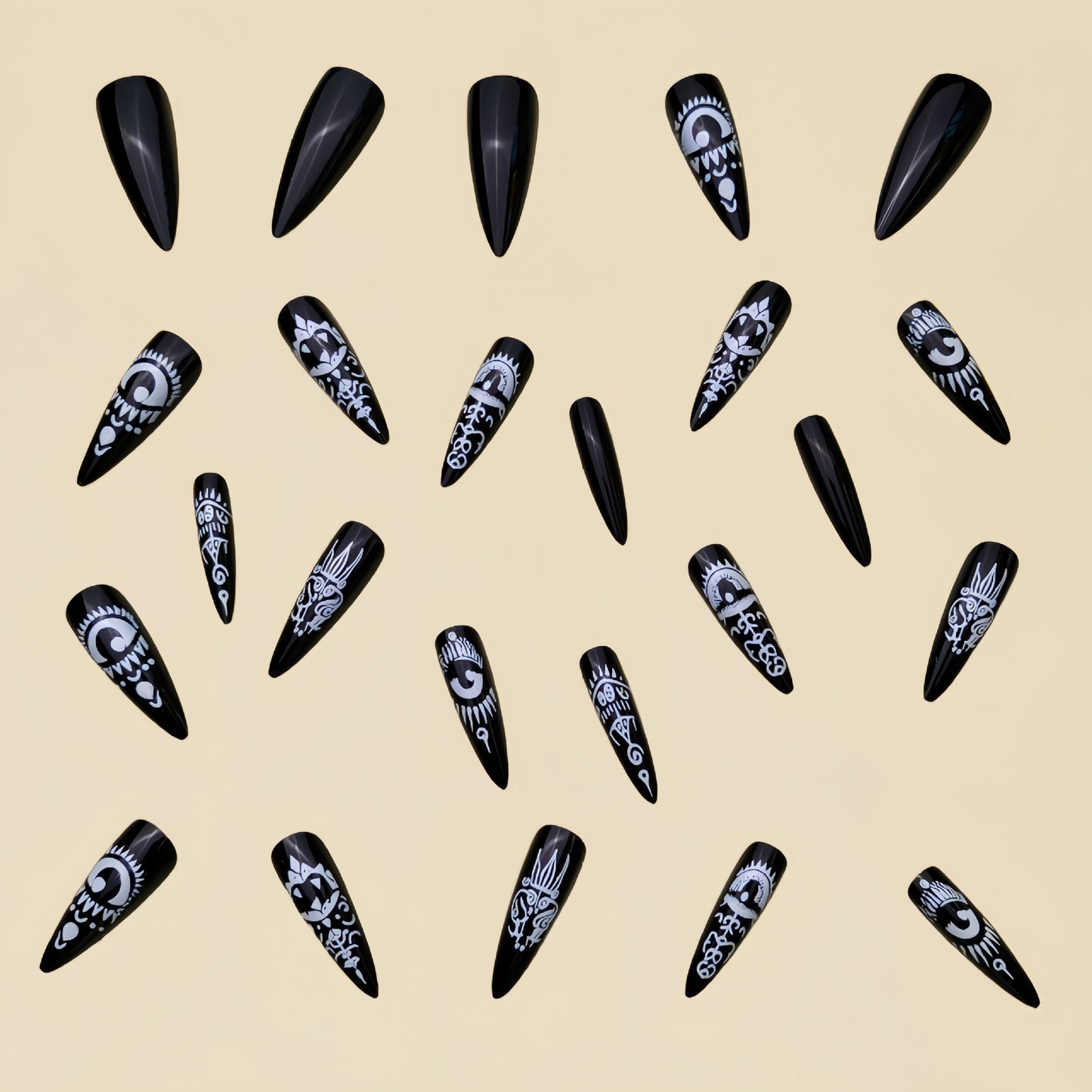 24pcs Long Almond Shape Press-On Nails, Black Glossy Finish With Eye Totem Design, Removable Fake Nail Set For Hands & Feet Care - Perfect Festival Gift