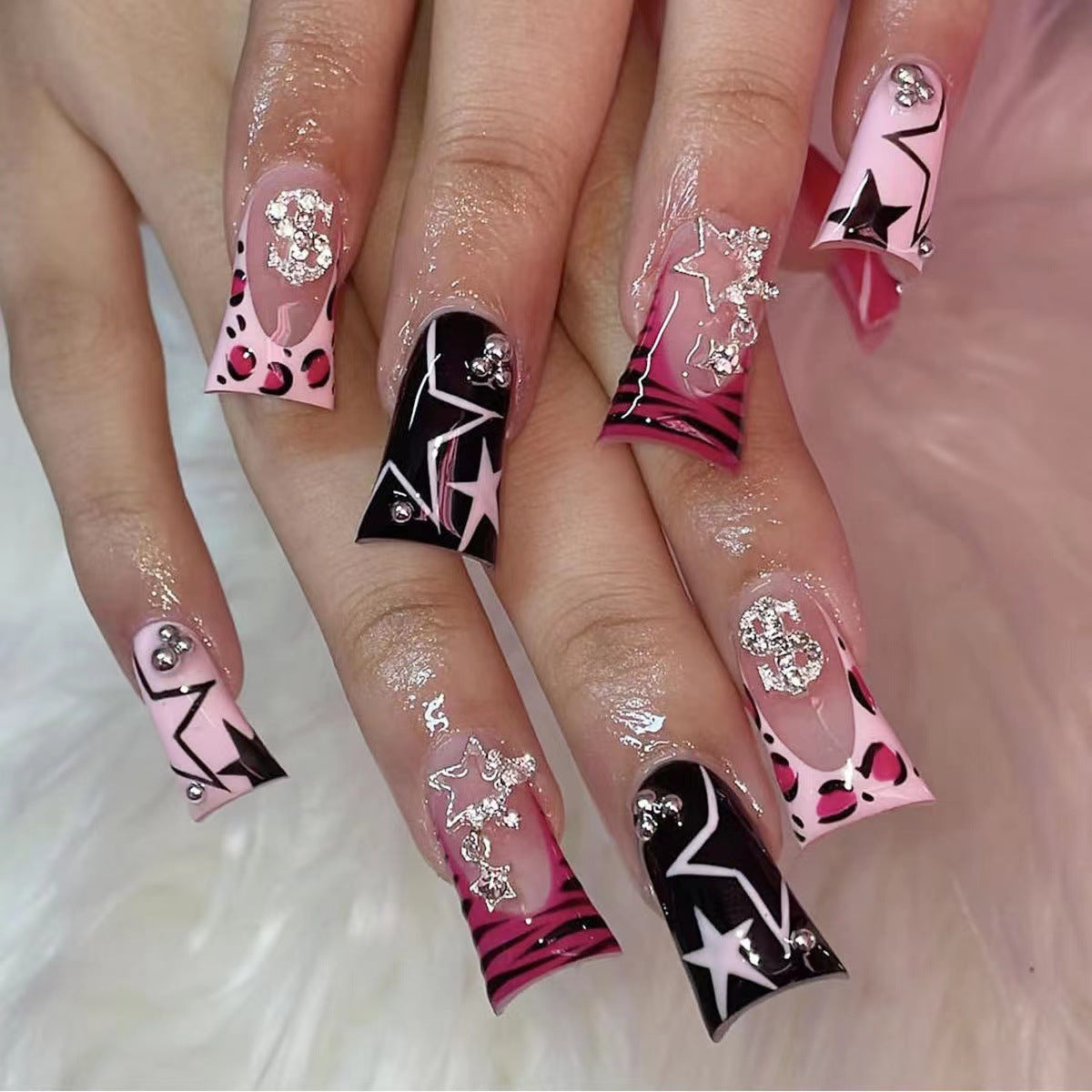 24Pcs Medium Square Duckbill Press-On Nails with Leopard Print, French Tip & Pendant Stars - Glossy Full Coverage Acrylic Fake Nails Set for Women and Girls - Mixed Color System with Middle Length