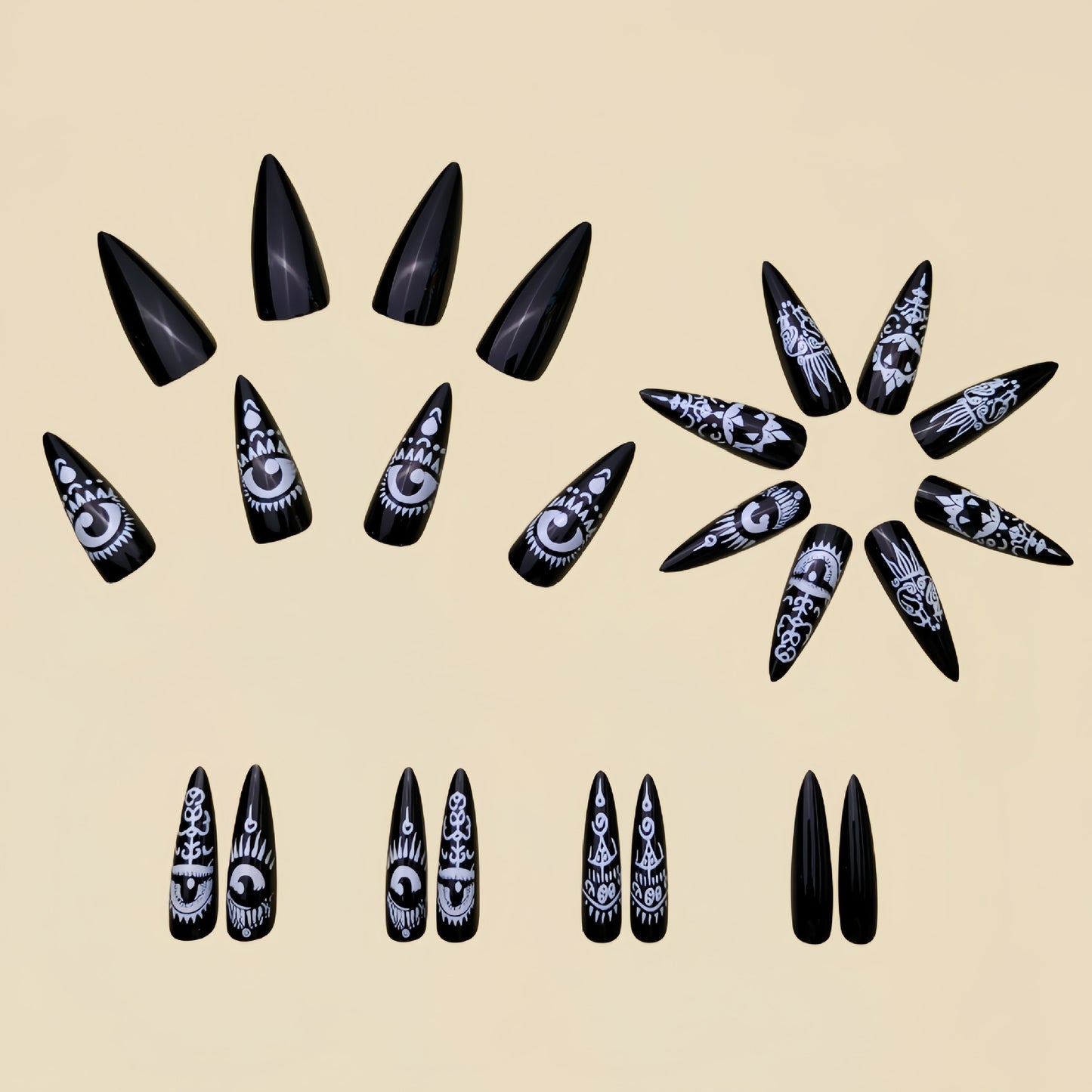 24pcs Long Almond Shape Press-On Nails, Black Glossy Finish With Eye Totem Design, Removable Fake Nail Set For Hands & Feet Care - Perfect Festival Gift
