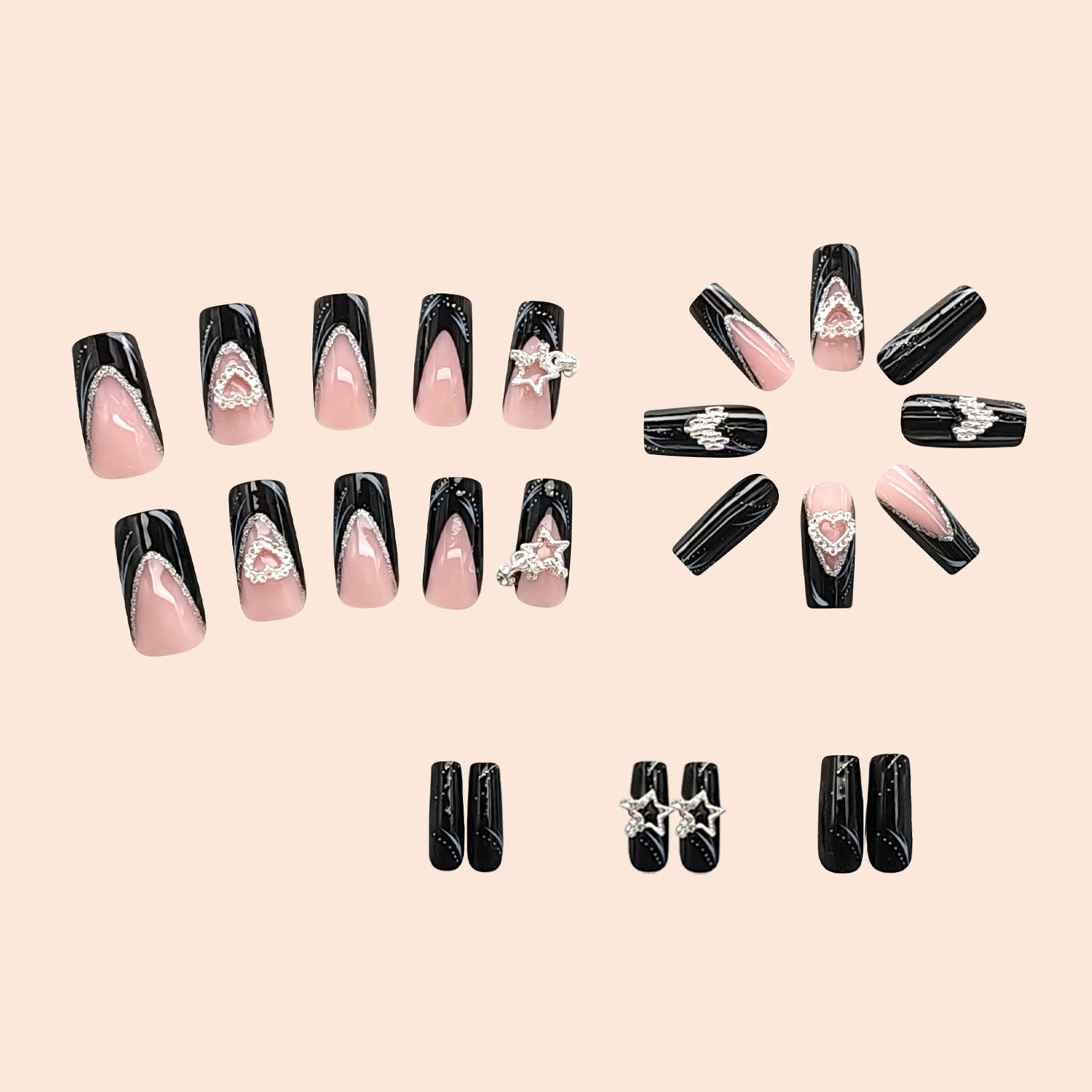 24pcs Long Square Fake Nails, Glossy Black French Tip Press On Nails With HearStar Rhinestone Design, Sweet Cool Full Cover False Nails For Women Girls